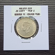 1939 Malaya 20 Cents Silver Coin - George VI ( KM#5 Silver.750)
