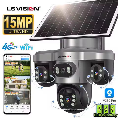 LS VISION 15MP Three PTZ Lens Solar Camera Outdoor WiFi/4G Three Screen 10X Digital Zoom Auto Tracki