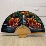 我的收藏品～泰國大象扇子掛畫 油畫 亮片 大象 擺設 裝飾 藝術品 美術 手工繪製（很大一個，長度61公分）歡迎高雄三民區榮總醫院旁面交