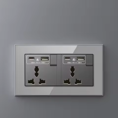 Universal Wall Socket 18W Type-C Fast Charging Plug Outlet,Glass Double 3-Pin Power Socket with DC 5
