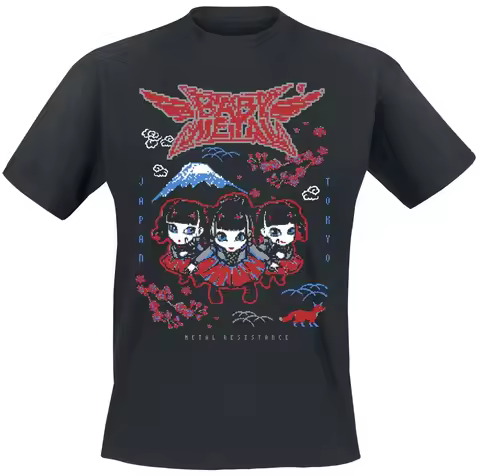 BABYMETAL Pixel Chibi Tee, J-Metal T-Shirt with 8-Bit Band Art & Metal Resistance Logo, Babymetal Fa