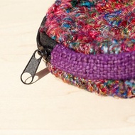 手工鉤針編織圓形零錢包 / 收納包 / 化妝包 / 雜物包 - 紫色棉麻 + 手捻紗麗線