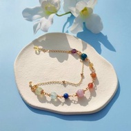 致完整。鴿血紅草莓晶 太陽石 黃水晶 14K包金 水晶礦石設計手鍊