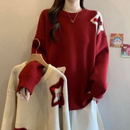 X57P Korean Style Jacquard Knit Sweater with Red Five-pointed Stars - Winter Fashion for Women