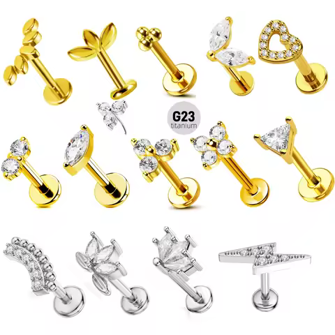 ASTM F136 G23 Titanium Flower Threadless Piercing Lightning Pin Push in Lip Stud Daith Conch Earring