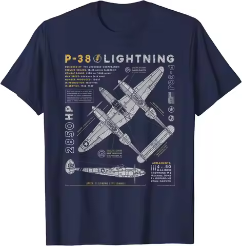 P-38 Lightning | Vintage P38 Fighter Aircraft | WW2 Aviation Men T-Shirt Short Sleeve Casual 100% Co