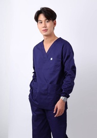 ชุดสครับแขนยาว คอวี จั๊มปลายแขน ชุดบุคลากรทางการแพทย์ Scrub Suit ผ้าคอมทวิว 3 กระเป๋า