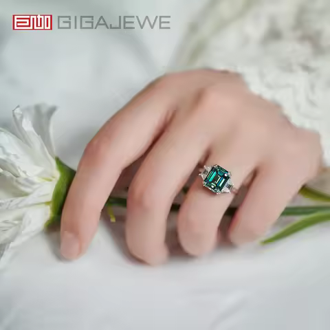GIGAJEWE Moissanite Emerald Cut Natural Cyan 8X10mm 4.0ct S925 Silver Ring Diamond Test Passed Woman