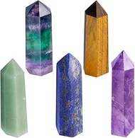 TUMBEELLUWA Pack of 5 Hexagonal Crystal Wands Healing Chakra Single-Pointed Column Polished Reiki Qu