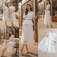 💙พร้อมส่ง S-4XL💙ป้าย Orange Juice💕Set เสื้อ กระโปรงลูกไม้ สีขาว พร้อมเข็มขัด ผ้าดี เรียบหรู