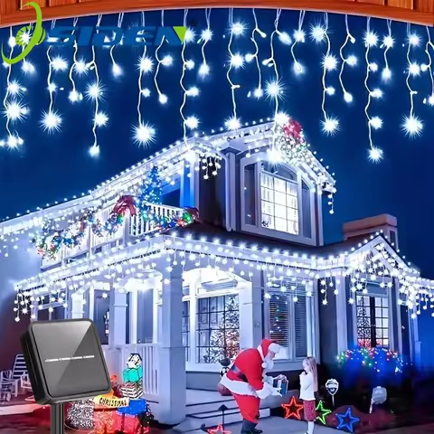 Outdoor Solar Icicle Lights Cool White Christmas Light with 8 LIghting Modes for Eves House Roof Hol