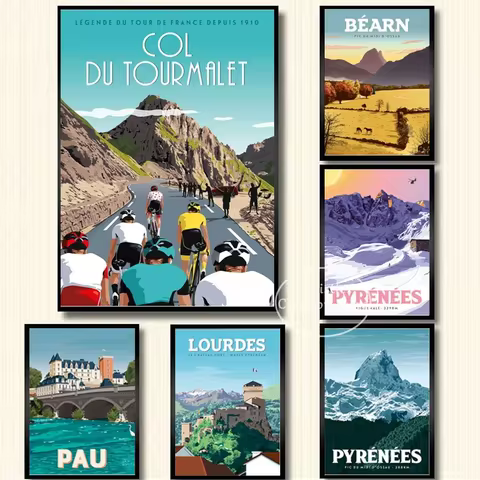 Vintage Urban Travel Poster France Spain Bike Tour Lourdes Pyrenees Canvas Painting Prints Living Ro