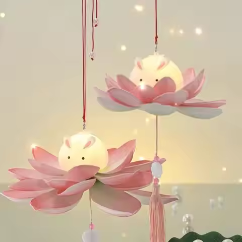 DIY Handmade Mid-Autumn Festival Lantern Glowing Lotus Rabbit Lamp Handheld Cute Holiday Decoration 