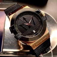 MASERATI手錶,編號R8853108010,42mm玫瑰金六角形精鋼錶殼,黑色中三針顯示, 大三叉錶面,深黑色米蘭錶帶款,認明斜體瑪莎logo方為新款正貨