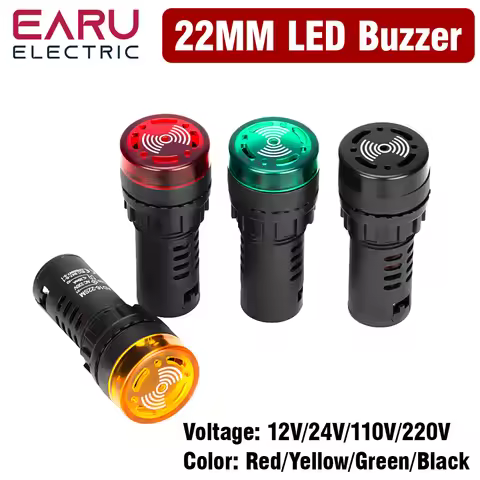 AD16-22SM 22mm Panel Diameter AC DC 12V 24V 110V 220V Flash Signal Light Red LED Active Buzzer Beep 