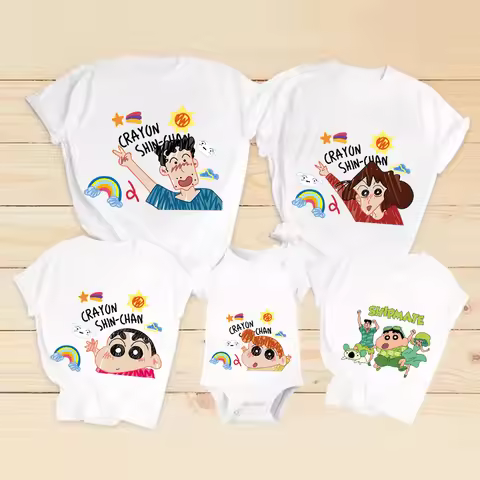 Crayon Shin-chan Dad Mom T-Shirt Kids Tops Adult Boy Woman Summer Parent-child Clothing Tee Family M