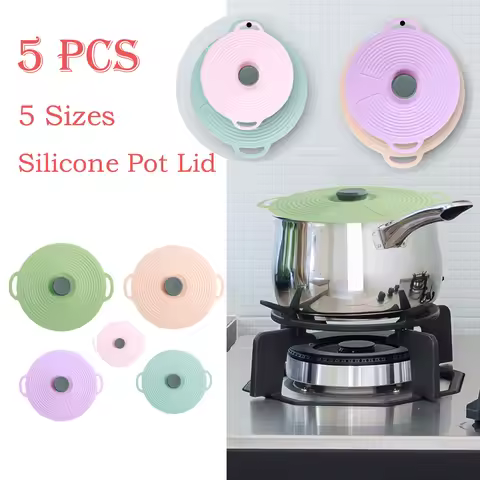 5Pcs Silicone Pot Lid Cover 5 Sizes Food Wrap Bowl Pot Lid Universal Food Fresh Cover with Handle Se