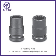 Action 1/2"DR 6-Point/12-Point METRIC Standard Length Impact Sockets - Size 6mm~19mm