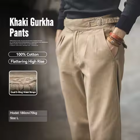 Maden Vintage Adjustable High Waist Gurkha Pants Khaki Casual Cargo Work Pants Classic Straight Trou