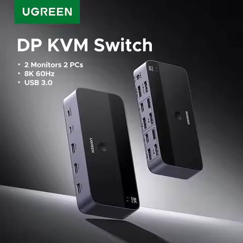 UGREEN DP KVM Switch 2 Monitors 2 PCs 8K 60Hz USB 3.0 Sharing Keyboard Mouse Monitor with HDR 3D for