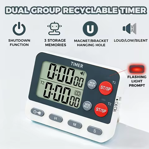 Digital Kitchen Timer Dual Groups Cycle Timing Count UP/Down Timer 3 Storage Memories Mute Flashing 