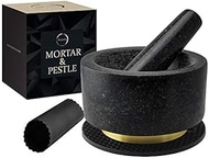 Mortar and Pestle Set 100% Natural Heavy Granite 5.5 inch 2 Cups Capacity - Solid Stone Grinder Pestle and Mortar Bowl - with Silicone Garlic Peeler and Mat - Guacamole Mortar &amp; Pestles Set Large