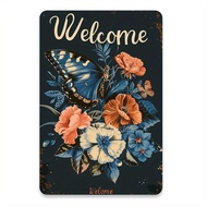 Vintage Butterfly and Floral Wooden/Acrylic "Welcome" Sign - Navy Blue Background, Suitable for Cafe