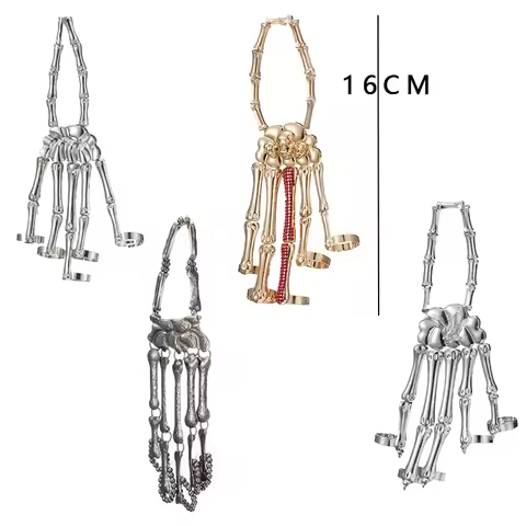Fashion Charm Handmade Halloween Wristband Skull Fingers Metal Skeleton Hand Bracelet With Ring For 