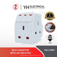 3 WAY ADAPTOR ADAPTER ADAPORT WITH SWITCH / SOCKET OUTLET PLUG EXTENSION WALL UNIVERSAL MULTI TRAVEL