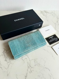 稀有中古Chanel Deauville湖水藍皮夾 錢包 長夾 二手包 古董包