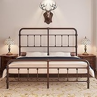 Macbimony King-Size-Bed-Frame and headboard Giselle-Vintage Antique-Metal - Iron Platform Mattress Foundation,16 inch High,No Box Spring Needed(Brown)