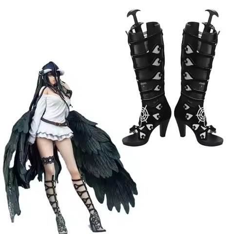 Anime Overlord Albedo Cosplay Shoes Black Shoes Black Halloween Party Albedo Black Grid Boots