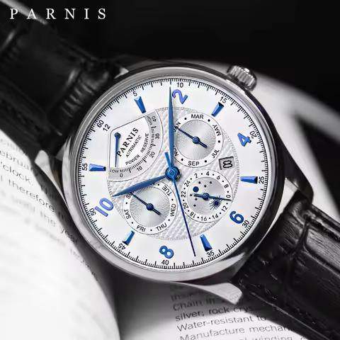 Parnis 43mm Silver Case Automatic Men New Watch Power Reserve Leather Strap Men Mechanical Miyota 91