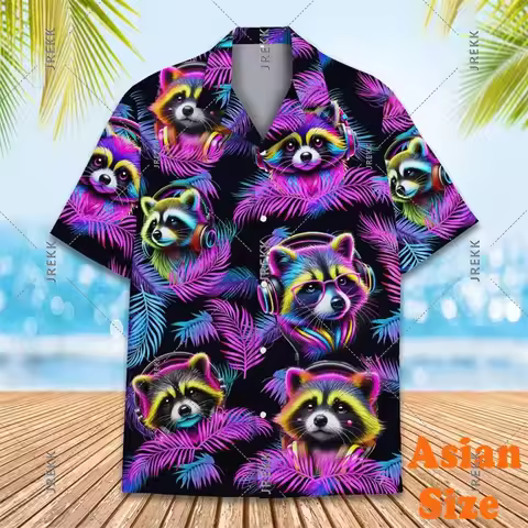 70s & 80s Hip Hop Shirt Men's Clothing Neon Raccoon Print Short Sleeve Funny Shirts Retro Plant Musi