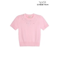 Cheetah Women Yarn Knit With Diamante Neckline Short Sleeves Sweather - CL-96916
