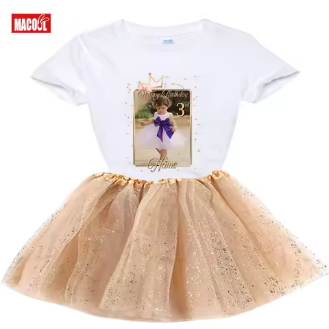 Girls Birthday outfits Princess Tutu Outfit Custom photo T-Shirt Dress Set Personalized Name birthda