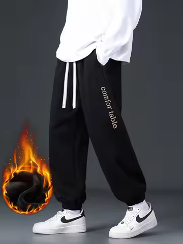 Men's Winter Fleece Jogger Pants Ankle-Length Thick Warm Knitted Sweatpants with Letter Embroidery S