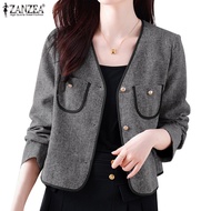 ZANZEA Women Korean V-Neck Pockets Colour Blocking Long Sleeves Blazer