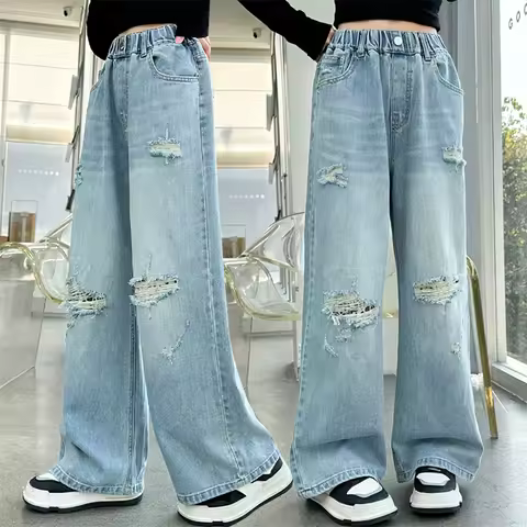 Tween Girls Ripped Jeans with Hole Kids Streetwear Broken Denim Pants Child Destroyed Jeans Trousers