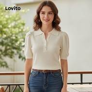 Lovito Women's Casual T-Shirt with Plain Pearls and Polo Collar LBL10131