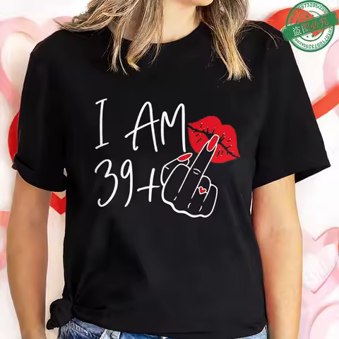 Women's 40th Birthday T-Shirts I Am 39+1 with Red Lip & Middle Finger Graphic Tees Casual Short Slee