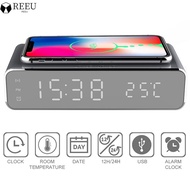 【REEU】【In stock】2020 New Desktop Digital Thermometer Mirror Clock Led Electric Alarm Clock With Phone Charger Wireless