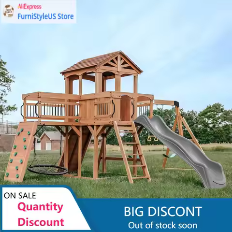 ModernSterling Point Cedar Wood Swing Set with Wave Slide, Raised Clubhouse, Wooden Bridge, Rock Wal