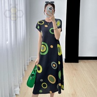 ✼♣ Aiden001 Average Size Miyake Short-Sleeved Dress Retro Print Loose Lazy Style Pleated Mid-Length 