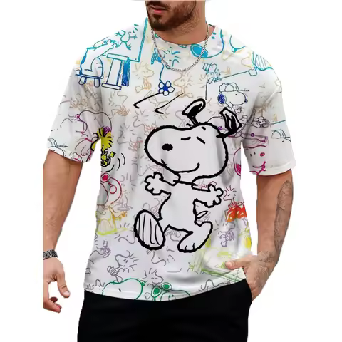Vintage Men's T Shirt Fun Snoopy print Tops Summer Casual Short Sleeve Pullover Oversized Male Cloth