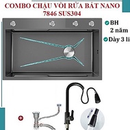 Chậu rửa bát inox304 chống xước 7845 nano đen dày 3li, vòi rửa bát nóng lạnh rút dây nano, bộ xả, kh