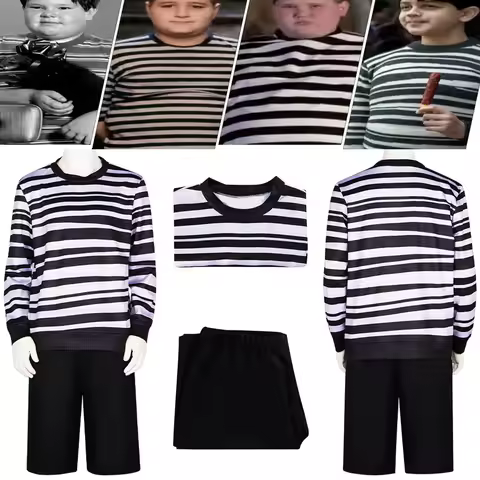 Movie Pugsley Costume Boys Black and White Striped Shirt Wednesday Addams Family Dress Gothic Cospla