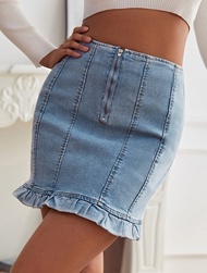 Contrast stich ruffle hem denim skirt