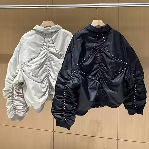 THUG CLUB Jacket Rivet Metal Zipper Design Winter Casual Lapel Coat High Street Trend Thug Club Cott