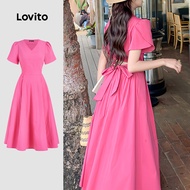 Lovito Casual Plain Bow Back Pleated Tie Dress for Women L132AD980